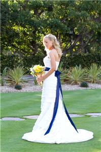 Hair & Beauty. wedding dress, white, long, tiered, sash, navy