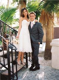 wedding dress, white, strapless, sweetheart neckline, short, cocktail, groom, grey, morning suit