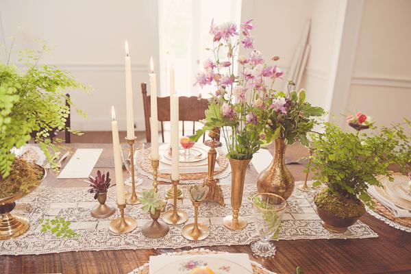 Table Setting, Tall candles, gold vases