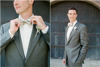 Attire. groom, grey suit, bow tie, boutonniere