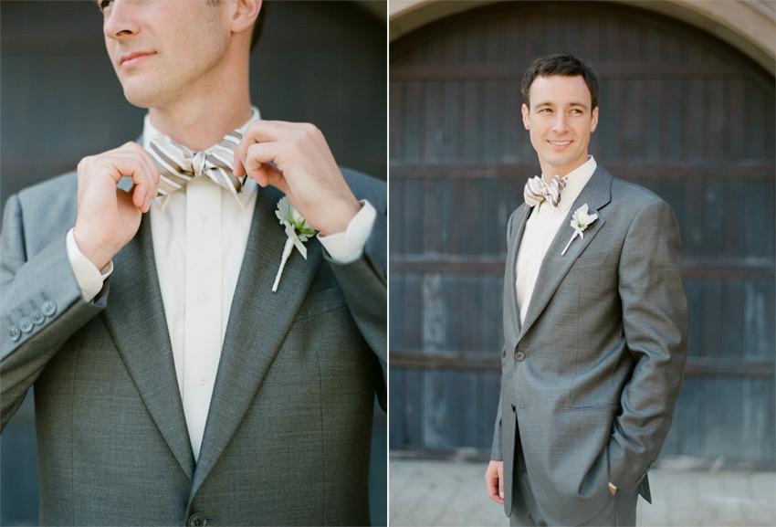 Groom, groom, grey suit, bow tie, boutonniere