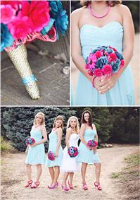 Attire. bridesmaid, blue, pink