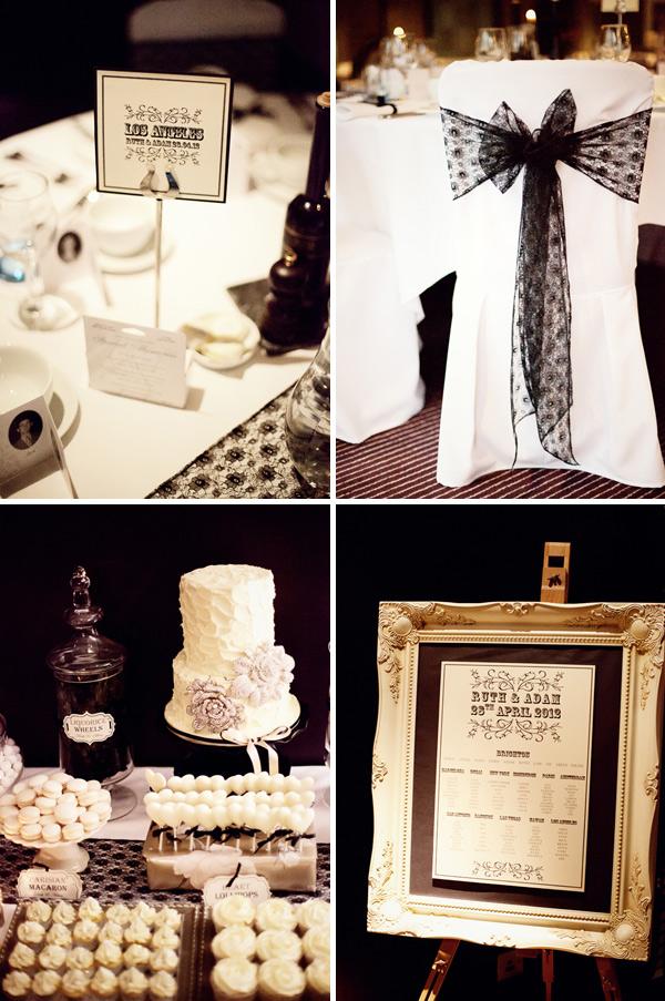 The Theme, Black and white theme, sashes, seat covers, dessert, sign