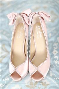 Attire. shoes, pale pink, diamonds, diamante, peep toe, bow