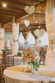 Decor & Event Styling. Gold and white rustic colours. Heart homemade mobiles.