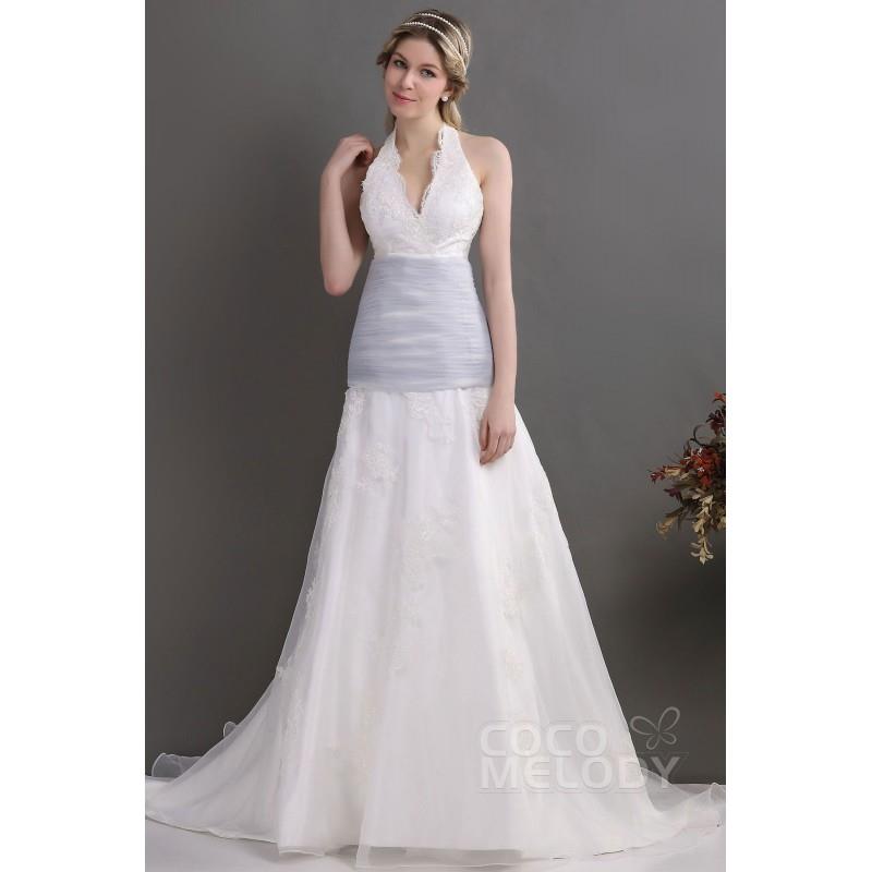 My Stuff, Simple A-Line Halter Chapel Train Organza Lace Up-Corset Wedding Dress CWLT130C6 - Top Des