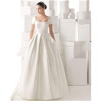 Simple Ball Gown Short Sleeve Buttons Hand Made Flowers Sweep/Brush Train Satin Wedding Dresses - Dr