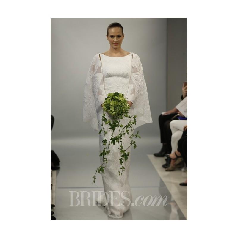 My Stuff, Theia - Spring 2014 - Hannah Marie Jacquard Sheath Wedding Dress with High Neckline and Ca