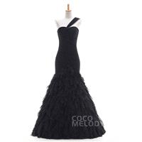 Hot Selling Trumpet-Mermaid One Shoulder Dropped Train Tulle Black Zipper Evening Dress with Pleatin