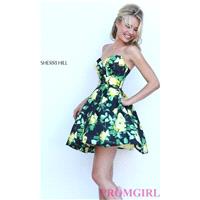 Black and Yellow Floral Print Short Strapless Sherri Hill Dress - Discount Evening Dresses |Shop Des