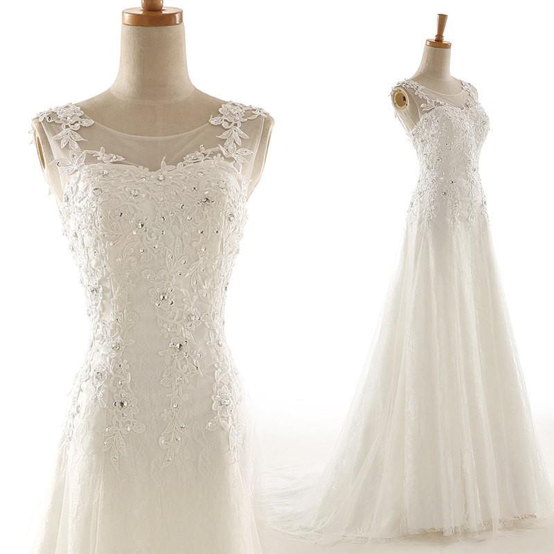 My Stuff, 50shouse_Illusion neckline lace retro feel tulle wedding dress with sash_ custom make - Ha