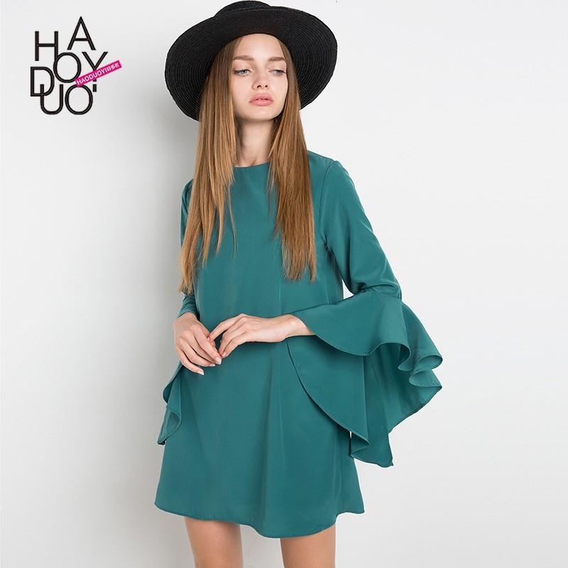 wedding, 2017 summer New Women's fashion sweet loose solid color Flare Sleeves Round neck dress - Bo