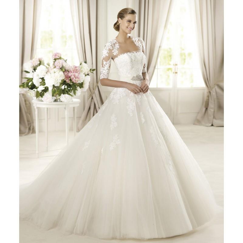 My Stuff, Honorable A-line Strapless Beading Lace Sweep/Brush Train Tulle Wedding Dresses with Half
