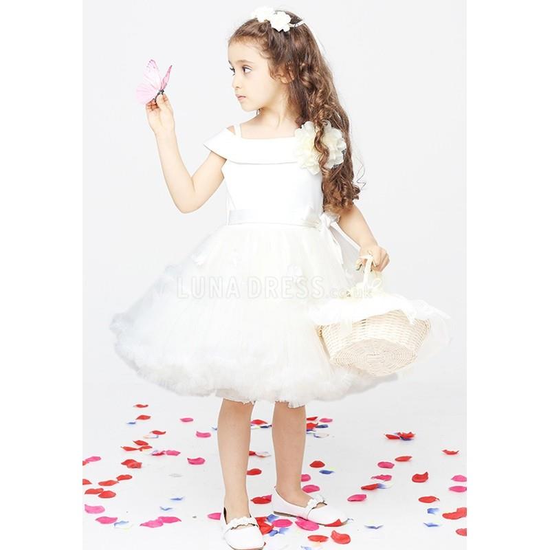 My Stuff, Alluring Baby Doll Off the Shoulder Knee Length Organza & Satin Flower Girl Dress - Compel