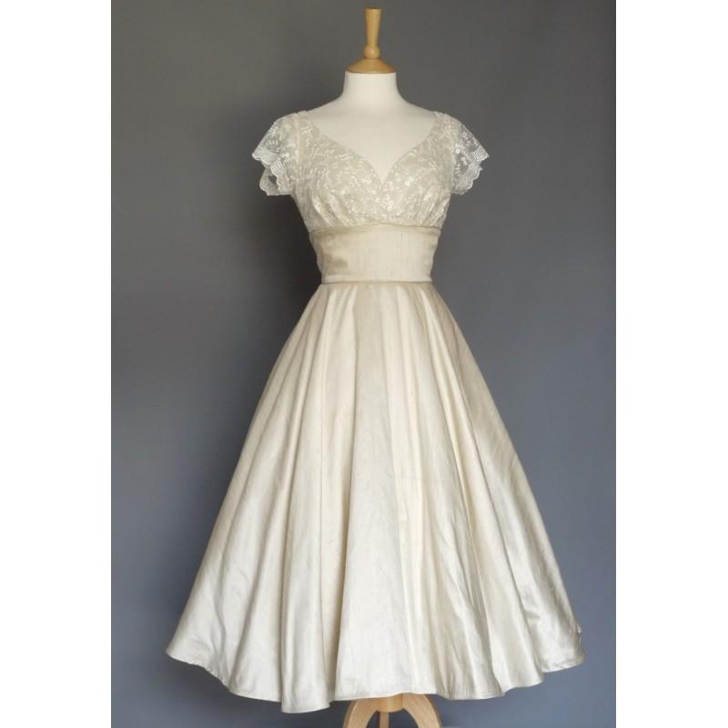 My Stuff, Champagne Silk Dupion Ivory Lace Sweetheart Tea Length Circle Skirt Wedding Dress - Made b