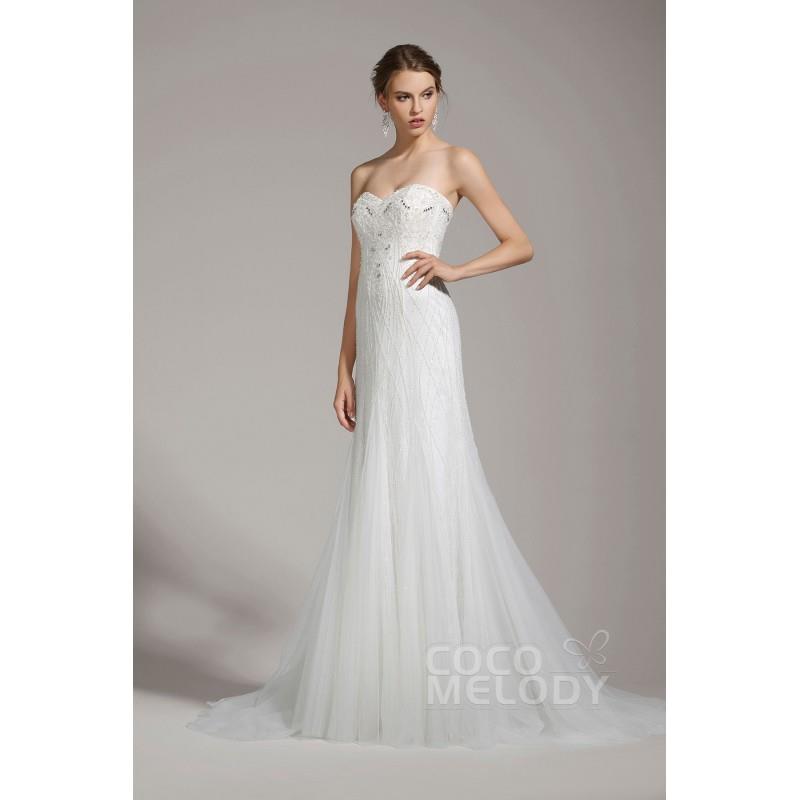 My Stuff, Delicate Sheath-Column Sweetheart Tulle Ivory Sleeveless Wedding Dress with Beading and Cr