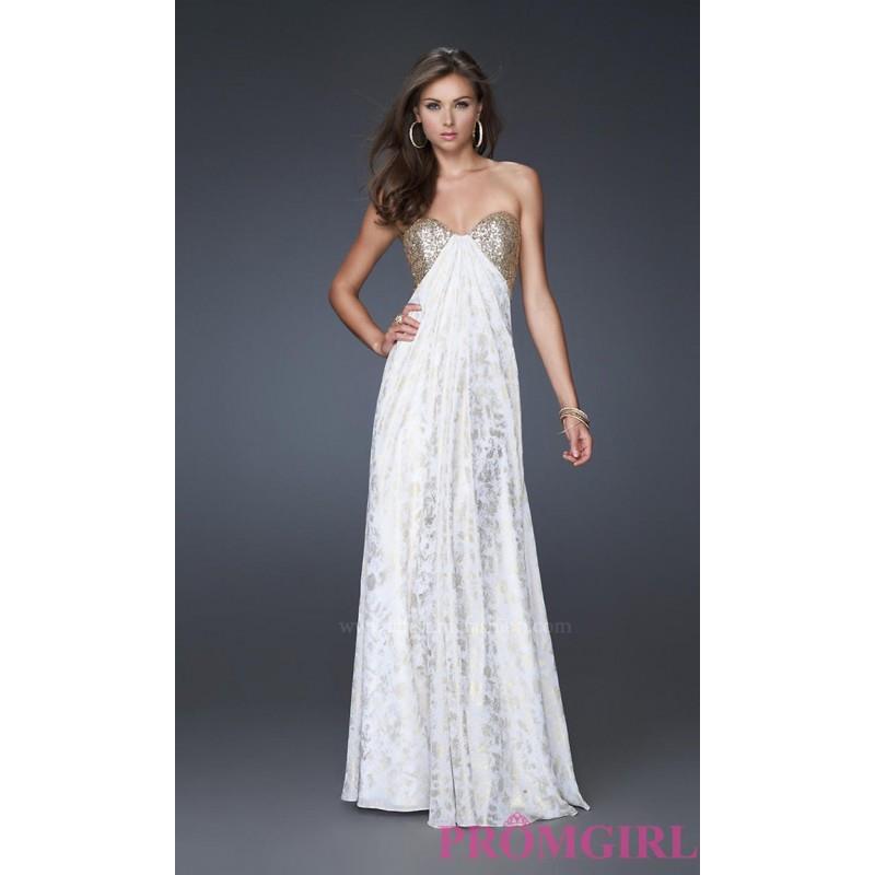 My Stuff, Strapless White & Gold Prom Dress by La Femme - Brand Prom Dresses|Beaded Evening Dresses|
