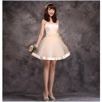 Slender Strape Champagne Bridesmaid Dress, Knee-length,  Satin and Tulle with Silk Trim - Hand-made
