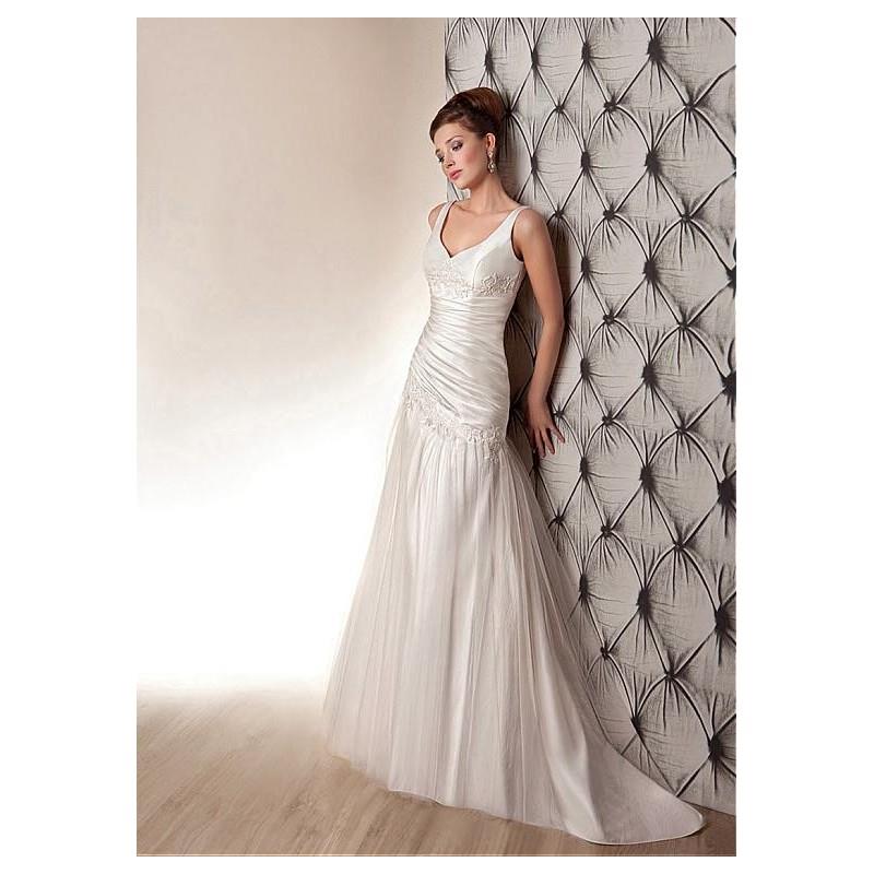 My Stuff, Glamorous Satin & Tulle V-neck Neckline Asymmetrical Waistline A-line Wedding Dress With L