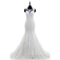 Hot Sale Trumpet-Mermaid Illusion Dropped Train Tulle Ivory Side Zipper Wedding Dress with Appliques