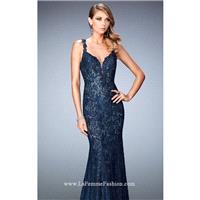 Midnight Blue Beaded Lace Open Back Gown by La Femme - Color Your Classy Wardrobe