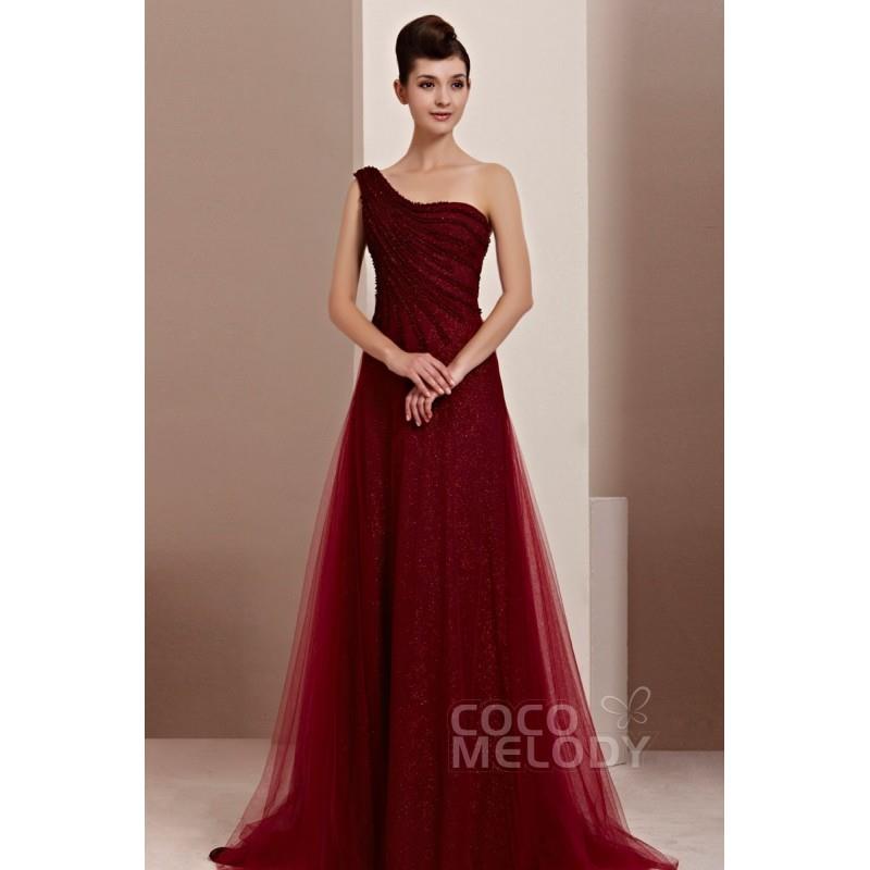 My Stuff, New Design A-Line One Shoulder Sweep-Brush Train Side Zipper Tulle Evening Dress COST14009