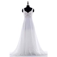Vintage A-Line Straps Court Train Chiffon White Sleeveless Zipper Wedding Dress Beading - Top Design