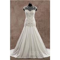 Hot Sale Illusion Dropped Train Satin Ivory Sleeveless Wedding Dress with Beading and Embroidery - T