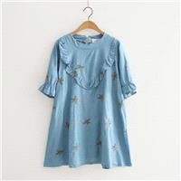 Oversized Embroidery Scoop Neck Short Sleeves Floral Cartoon Summer Dress - Lafannie Fashion Shop