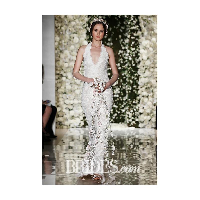 My Stuff, Reem Acra - Fall 2015 - Halter Lace Embroidered Wedding Dress Plunge Neck - Stunning Cheap