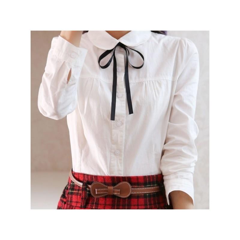 My Stuff, School Style Simple Slimming Polo Collar Long Sleeves Cotton White Blouse - Lafannie Fashi