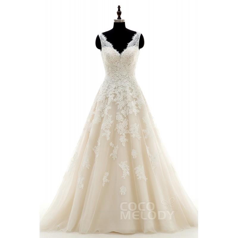 My Stuff, Chic A-Line V-Neck Natural Court Train Tulle and Lace Ivory/Champagne Sleeveless Open Back