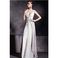 Graceful Sheath-Column V-Neck Silver Cloud Floor Length Evening Dress with Appliques COZF14039 - Top