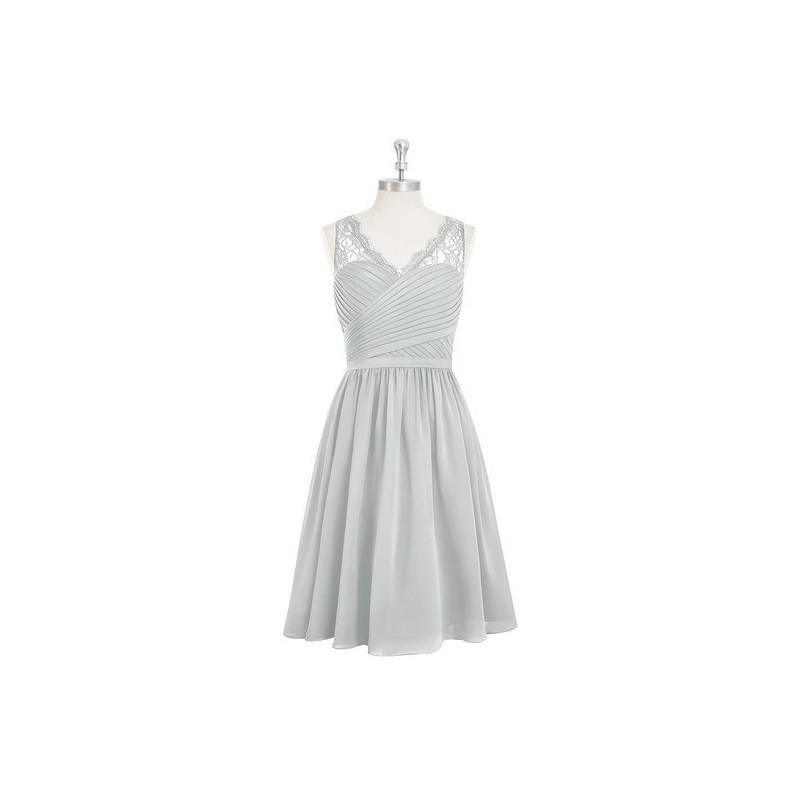 My Stuff, Silver Azazie Heloise - V Neck Chiffon And Lace Side Zip Knee Length Dress - Charming Brid