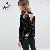 Vogue Open Back Hollow Out Sequined One Color Fall 9/10 Sleeves T-shirt - Bonny YZOZO Boutique Store