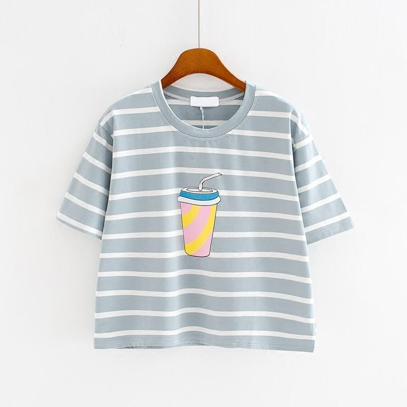 My Stuff, Oversized Student Style Printed Scoop Neck Short Sleeves Stripped Color Summer T-shirt - L