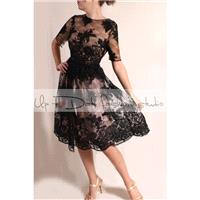 Little black lace wedding dress with sleeve/romantic  bridal gown V back - Hand-made Beautiful Dress