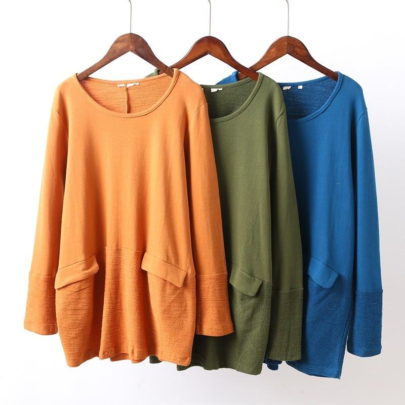 My Stuff, Must-have Oversized Plus Size Scoop Neck Long Sleeves Cotton One Color Spring Dress T-shir