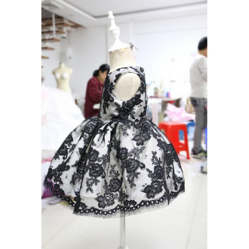 wedding, Baby Pageant Dress with Special Black Flower Lace, Birthday Dress for Toddlers, Newborn Par
