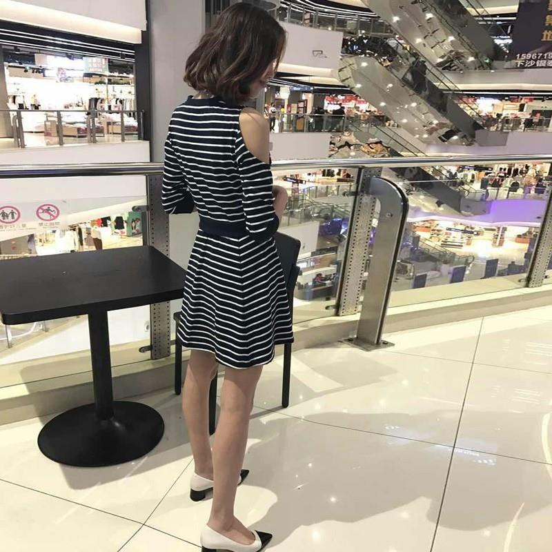 My Stuff, Solid Color Off-the-Shoulder Stripped Dress - Lafannie Fashion Shop