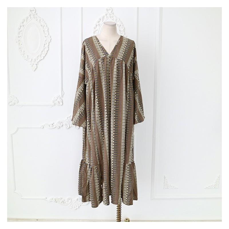 My Stuff, Oversized Vintage Printed Flare Sleeves V-neck Summer Frilled Dress - Discount Fashion in