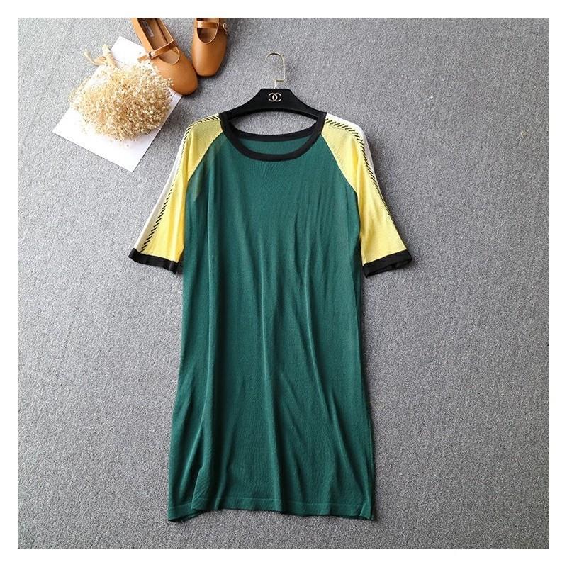 My Stuff, Oversized Solid Color Scoop Neck Short Sleeves Summer Dress Knitted Sweater - Discount Fas