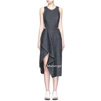 2017 summer dress new style sexy Backless scalloped edge open fork irregular striped dress female -