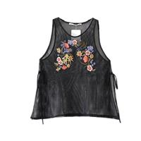 Seen Through Embroidery Slimming Scoop Neck Sleeveless Lace Up Floral Summer Top Sleeveless Top - La