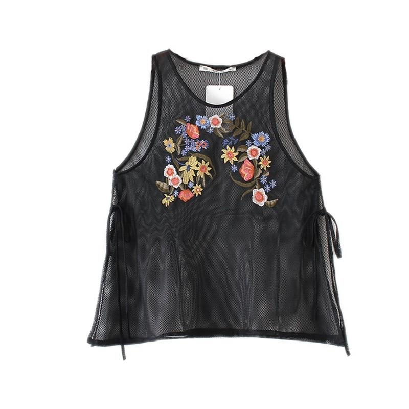 My Stuff, Seen Through Embroidery Slimming Scoop Neck Sleeveless Lace Up Floral Summer Top Sleeveles