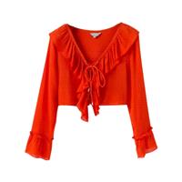 Must-have Flare Sleeves One Color Frilled Long Sleeves Crop Top Top Blouse - Lafannie Fashion Shop
