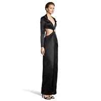 Reaux 30001 Vogue Black Floor-Length Long Sleeves Fit & Flare POLO/Turndown Collar Satin Prom Dress