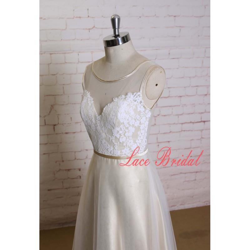 My Stuff, Ivory Lace Overlay Bodice Wedding Dress Illusion Neck Bridal Gown A-line Tulle Skirt Weddi