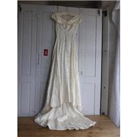 Vintage long full length cream satin damask floral print wedding dress size S UK 10 - Hand-made Beau