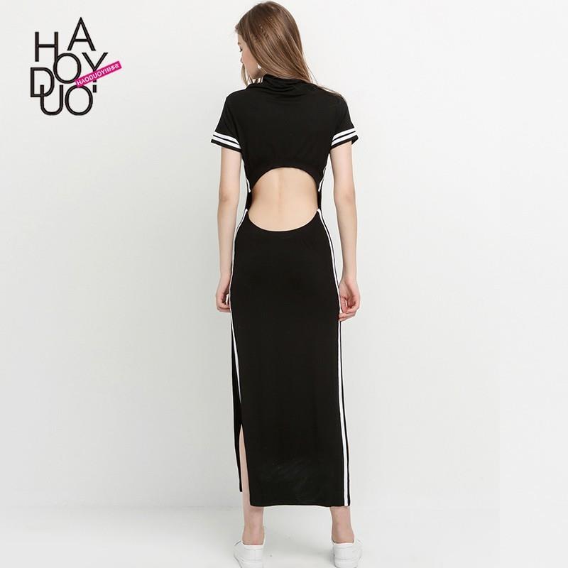 My Stuff, Slimming High Neck Short Sleeves Split Stripped Dress - Bonny YZOZO Boutique Store